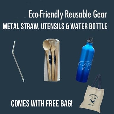 metal straw, bamboo utensils and water bottle