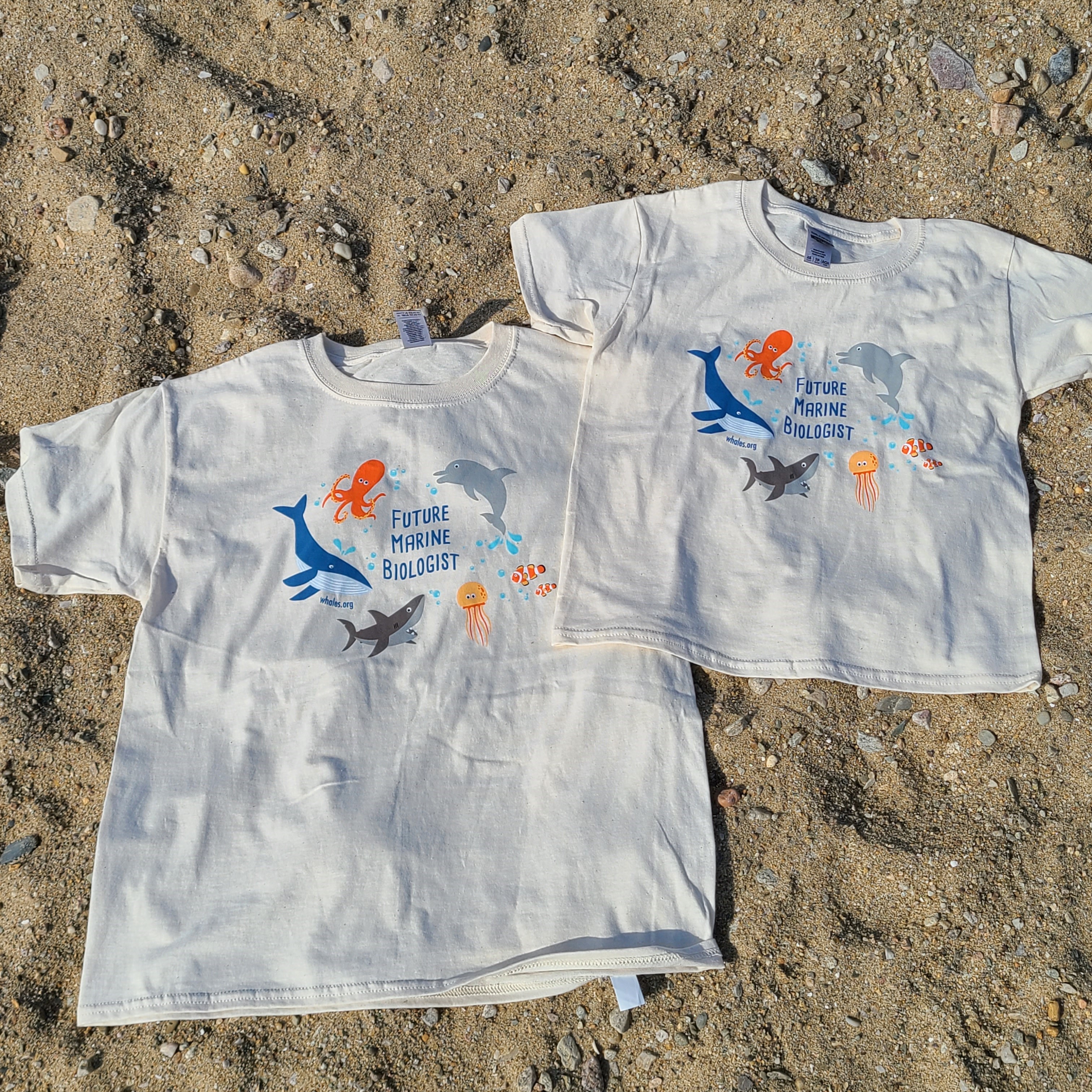 Children's teeshirt with text "I want to be a marine biologist" on front, with cartoon images of a dolphin, whale, octopus, shark, and jelly fish