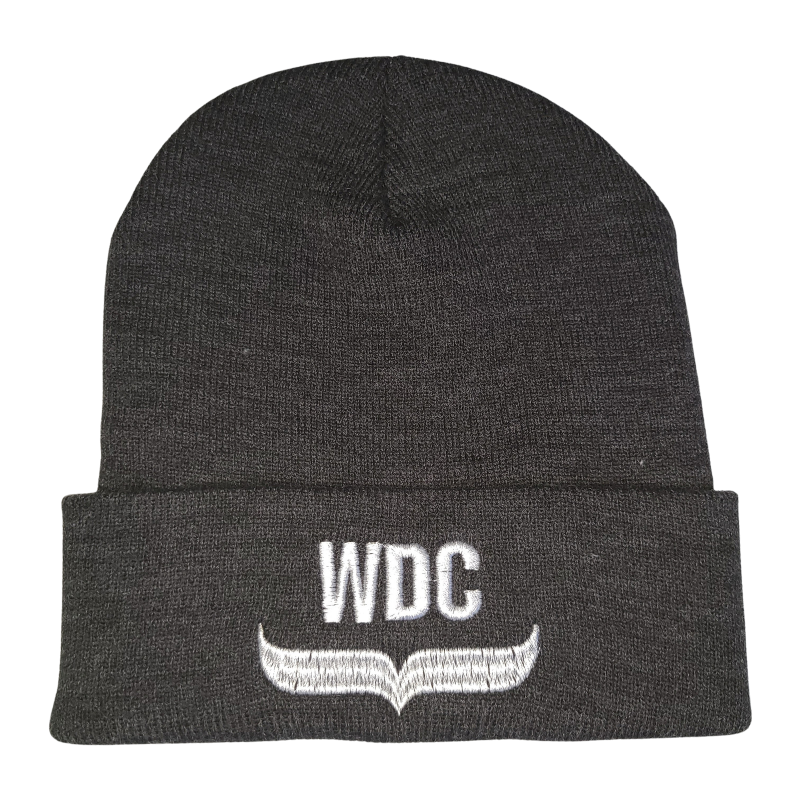 Charcoal grey knit beanie hat with Whale and Dolphin Conservation's logo. Hat made from made from Polylana®, a low-impact alternative to 100% acrylic and wool fiber using less energy, water and CO2 during production. Eco-friendly and warm.