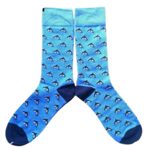 Pair of socks lying flat on white background. Socks have navy toe and heel, light blue body, and are covered with mini navy dolphins.
